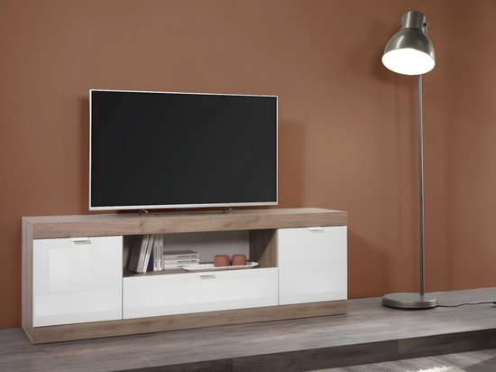 Tv-meubel met 2 deurtjes, 1 lade en 1 nis - Naturel en wit gelakt - EVOLIA L 181 cm x H 60 cm x D 42 cm