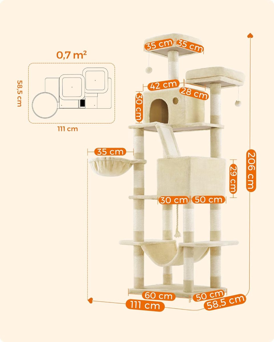 Vasagle Krabpaal groot, 206 cm hoog, XXL kattenboom, met 13 krabzuilen, 2 platforms, 2 holletjes, mand, hangmat, pluche ballen, meerlaagse kattenkrabpaal, beige PCT190M01 thumbnail 2