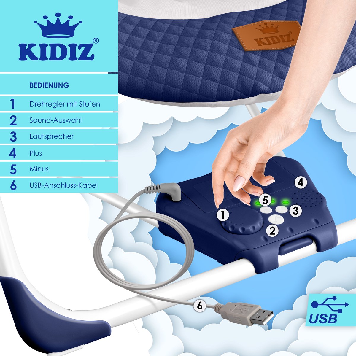 KIDIZ Wipstoel Baby Elektrisch Babyschommel tot max 9kg - Marineblauw thumbnail 5