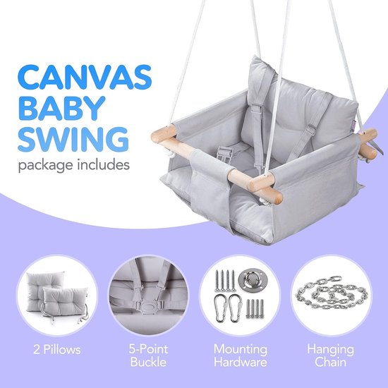 Canvas Baby Swing, Houten Hangende Swing Seat Stoel Met Veiligheidsgordel, Duurzame Baby Hangmat Stoel, Outdoor en Indoor Swing voor Kinderen, Montagehardware inbegrepen, Grij van MAWA Nursery — afbeelding 3