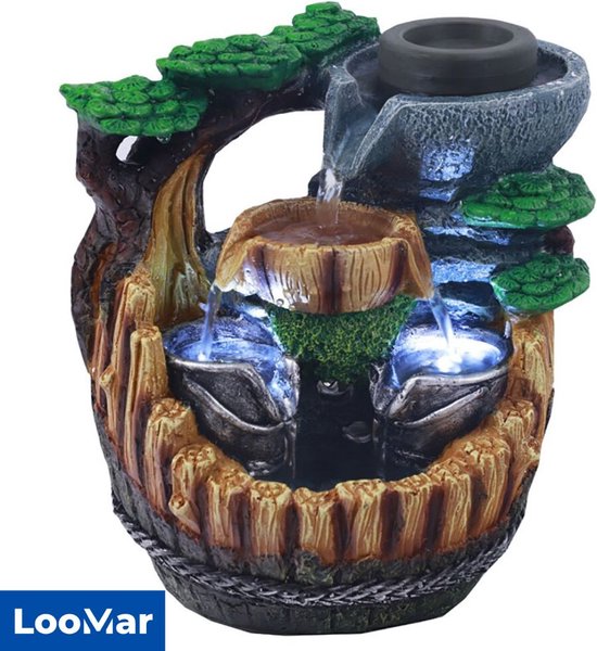 Tuinfontein op zonne-energie, sierfontein, kamerfontein, fontein met ledlicht en Li-Ion-accu, waterval, waterspel voor tuin, tuinvijver, terras