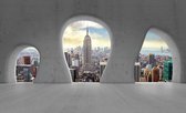 Fotobehang - Vlies Behang - 3D New York Stad door de Betonnen Ramen - 208 x 146 cm