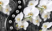Fotobehang - Vlies Behang - Orchideeën en Parels in Luxe Ornament - Kunst - 368 x 254 cm