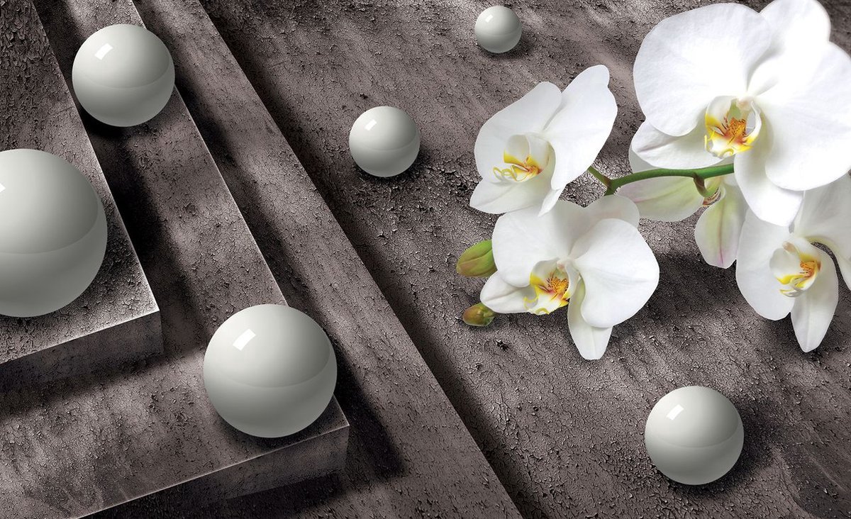 Fotobehang - Vlies Behang - Witte Orchidee en Glanzende Ballen - 312 x 219 cm