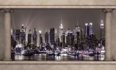 Fotobehang - Vlies Behang - 3D Skyline van New York Raamzicht Zwart-wit - 254 x 184 cm