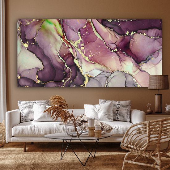Peinture sur toile 160x80 cm - Décoration murale Marbre - Rouge - Violet - Or - Décoration murale murale salon - Décoration chambre - Accessoires de chambre - Peintures