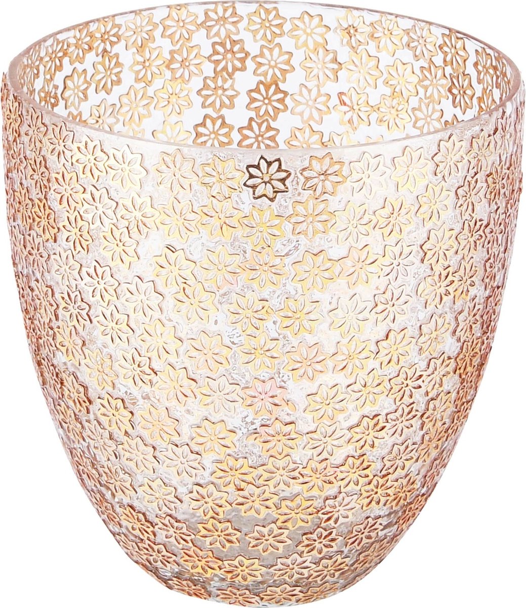 Theelichthouder / waxinelichtjeshouder / Windlicht met bloemetjes motief - Goud / transparant - 11 x 11 x 11 cm hoog.
