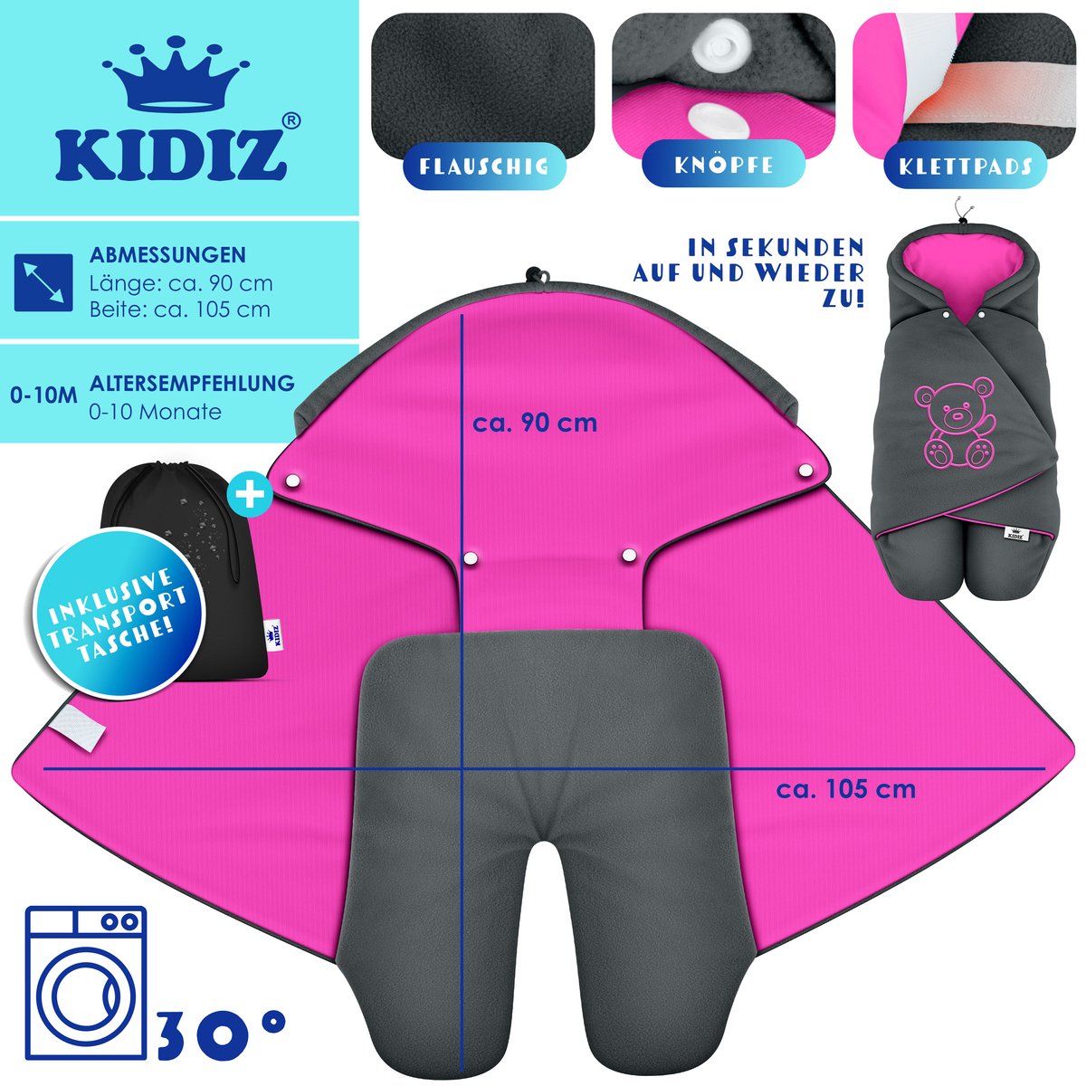 KIDIZ® Baby Slaapzak voor Buggy Voetenzak voor Autostoeltje & Wandelwagen Babyschaal, voor Winter met Kap + Babyslaapzak Deken voor Maxi-Cosi & Kinderwagen alle Gordelsystemen 3 & 5-Puntsgordel - Antraciet / Roze – foto 7