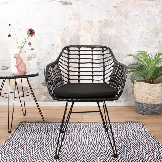 Tuinstoel Moda DLX - terrasstoel - stoel - armstoel - zwart - wicker - rotan - metaal - buiten - tuin - met armleuning