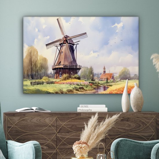 Canvas schilderij 140x90 cm - Wanddecoratie Molen - Nederland - Kunst - Landschap - Nederland - Muurdecoratie woonkamer - Slaapkamer decoratie - Kamer accessoires - Schilderijen
