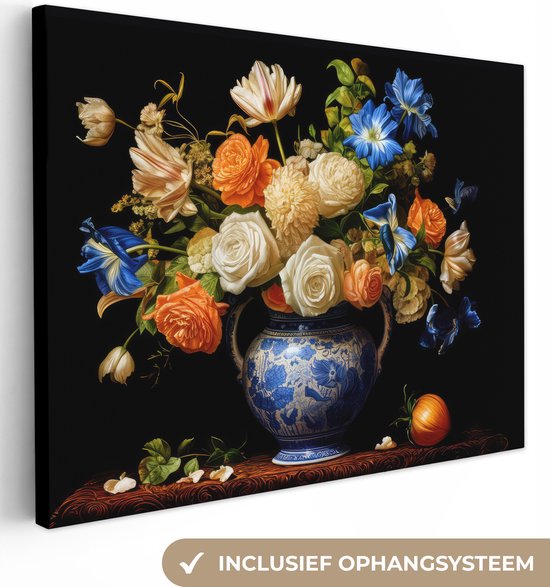 Canvas Schilderij Bloemen - Vaas - Stilleven - Hollands - Oranje - 120x90 cm - Wanddecoratie
