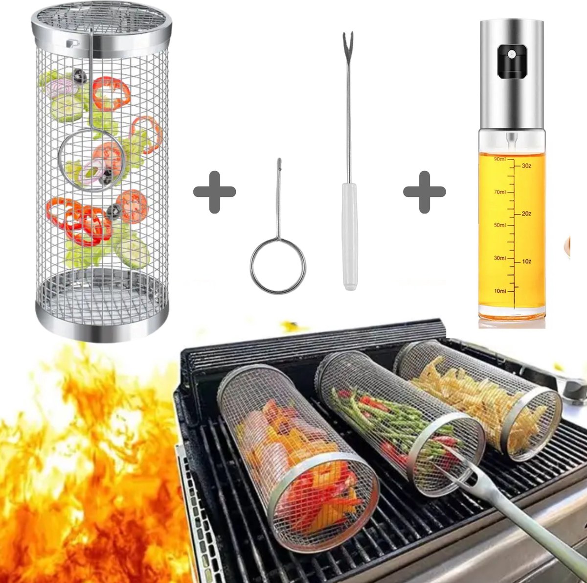 Bbq grillmand + Olie dispenser 100ml - Bbq dispenser - Bbq accessoires - Barbecue olijfolie - bbq benodigdheden - Grillrooster – Combi Pack