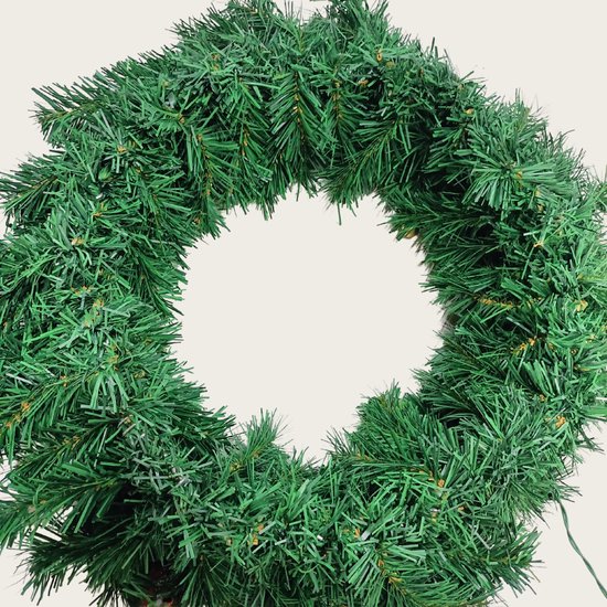 Buxibo PVC Kerstkrans met Decoraties - Groen - Met 40 Lampjes op Batterijbox - 150 Takken - 50cm