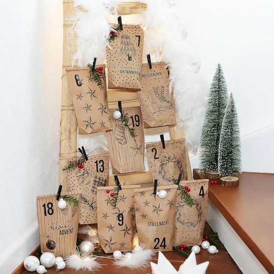 HAUSPROFI Sac Calendrier de l'Avent Noël, 24 Calendrier de l'Avent Vide à Remplir Sachet en Kraft DIY avec Clip/Autocollants - Chiffre
