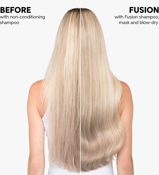 Vergelijking van haar: links, blond haar met niet-conditionerende shampoo; rechts, vol en glanzend blond haar met Fusion shampoo, masker en föhn.