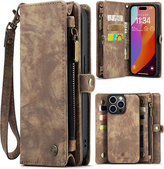 Geschikt Voor iPhone 14 Pro Max Hoesje - Solidenz Wallet Case - Telefoonhoesje 14 Pro Max - 14 Pro Max Case Met Pasjeshouder - Met Ritsvak - Met Polskoord - Portemonee Hoes - Bruin