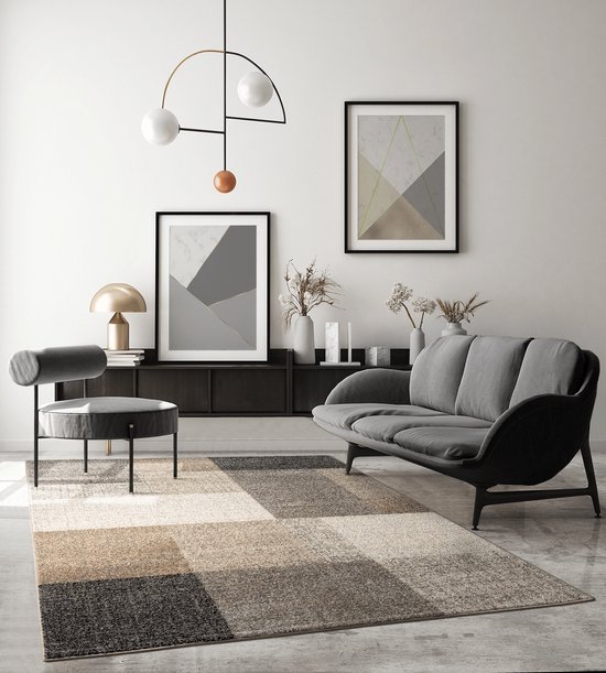 Modern design woon- of slaapkamer tapijt | Geometrische patronen - Tegels - Beige 160x220 | Binnen - The Carpet PEARL