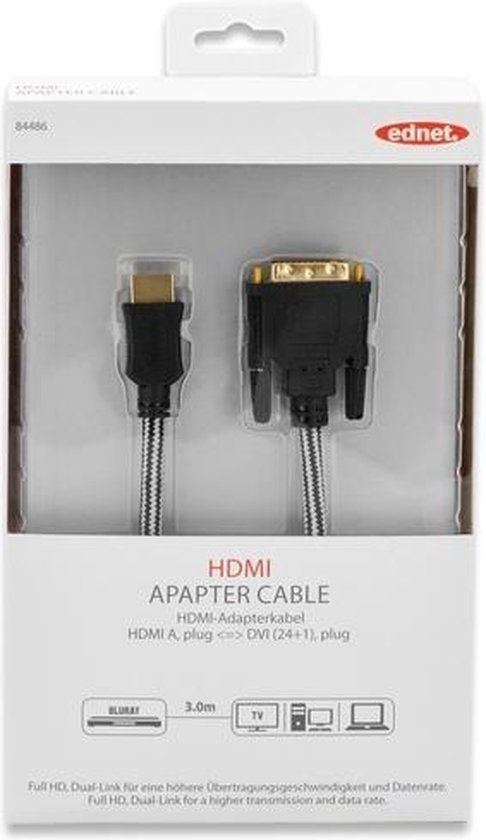 DIGITUS DVI connection cable, DVI(24 1), 2x ferrite, 3 m long