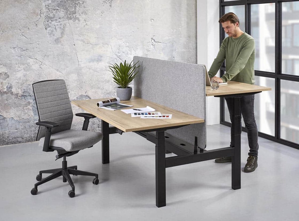 ABC Kantoormeubelen Duo bench elektrisch verstelbaar zit/sta bureau Teez breed 180CM diep 80/80CM bladkleur Antraciet eiken framekleur Zwart (RAL9005) Zwart (RAL9005)/Antraciet eiken