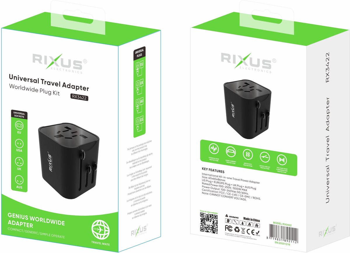 Universal Travel Adapter Wereldwijd Black - Rixus RX3422 - Accessoires - Adapter - Compatibel