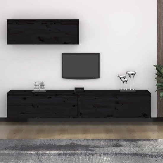 The Living Store Meuble TV classique - Meuble suspendu - Bois de pin Massief - 100 x 30 x 35 cm - Zwart