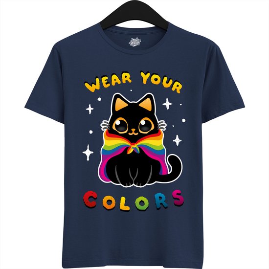 Schattige Pride Vlag Kat - Unisex T-Shirt Mannen en Vrouwen - LGBTQ+ Suporter Kleding - Gay Progress Pride Shirt - Rainbow Community - T-Shirt - Unisex - Navy Blauw - Maat M