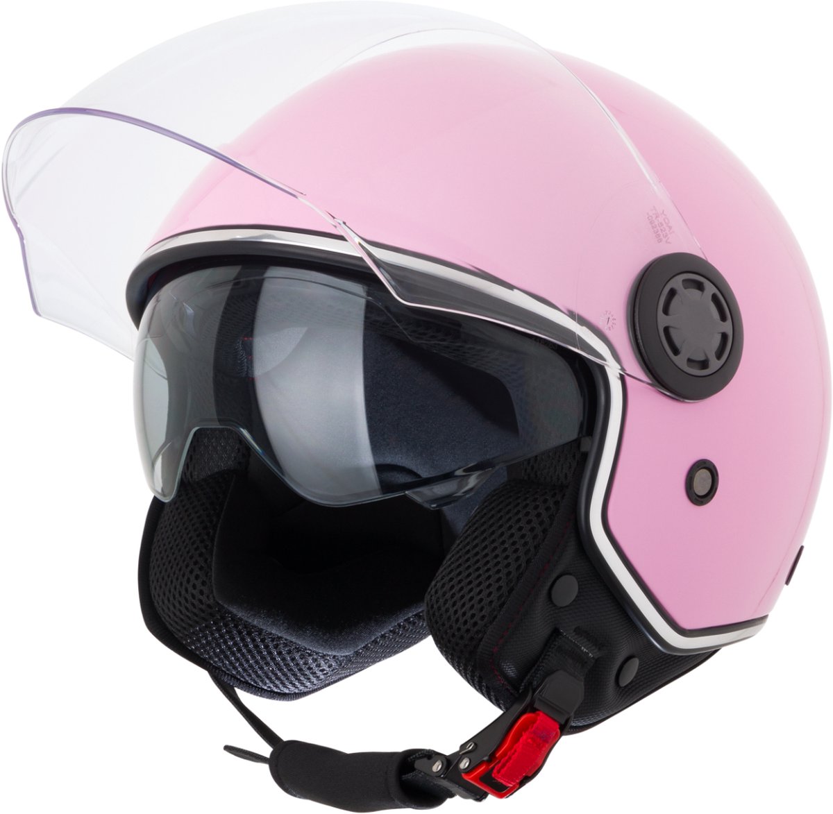 VINZ Pavia Scooter Helm met zonnevizier / Jethelm / Brommer Helm / Motorhelm / Scooterhelm Retro / Snorfiets helm / Snorscooter helm - Geschikt Voor Helmplicht Blauw Kenteken - Roze