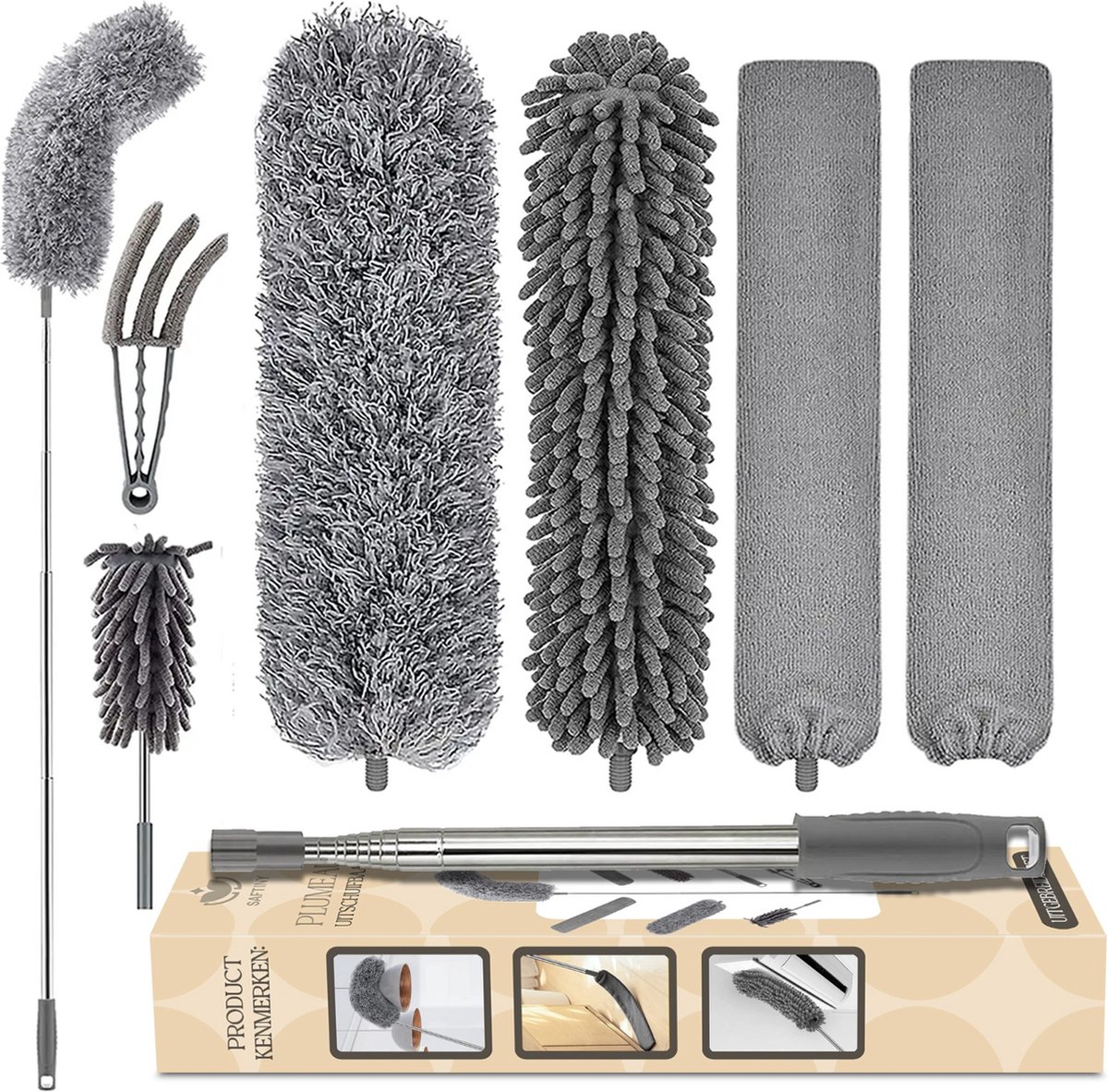 Goedkoopste Saftiny® Telescopische Plumeau met Telescoopsteel - Microvezel Ragebol Uitschuifbaar - RVS Stoffer - Wasbaar en Draaibaar - 7 Delige set - Duster - Schoonmaak set