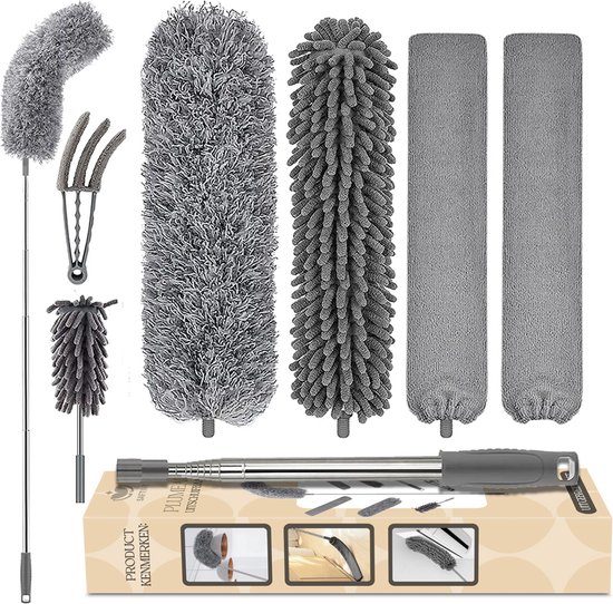 Saftiny® Plumeau Télescopique avec Manche Télescopique - Boule Ragged en Microfibre Extensible - Pelle en Acier Inoxydable - Lavable et Rotatif - Ensemble 7 pièces - Plumeau - Kit de Nettoyage