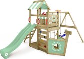 WICKEY speeltoestel klimtoestel SeaFlyer met schommel & pastelgroene glijbaan, outdoor klimtoren voor kinderen met zandbak, ladder & speelaccessoires voor de tuin