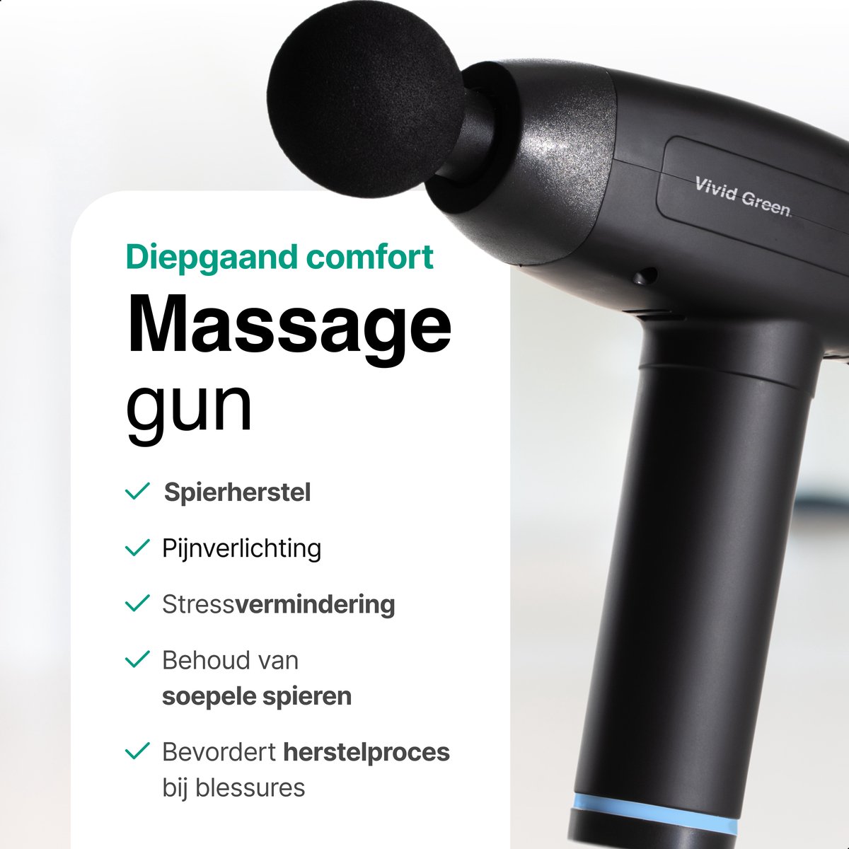 Afbeelding 2 van Massage Gun met 6 Opzetstukken & Opbergcase - Professioneel - Sport en Relax Massage apparaat - Draadloos - Zwart - Vivid Green