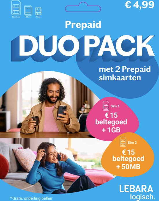 Foto: 2x prepaid simkaart inclusief 5 beltegoed kpn netwerk lebara bundelpakket voordeel pakken doe je samen 