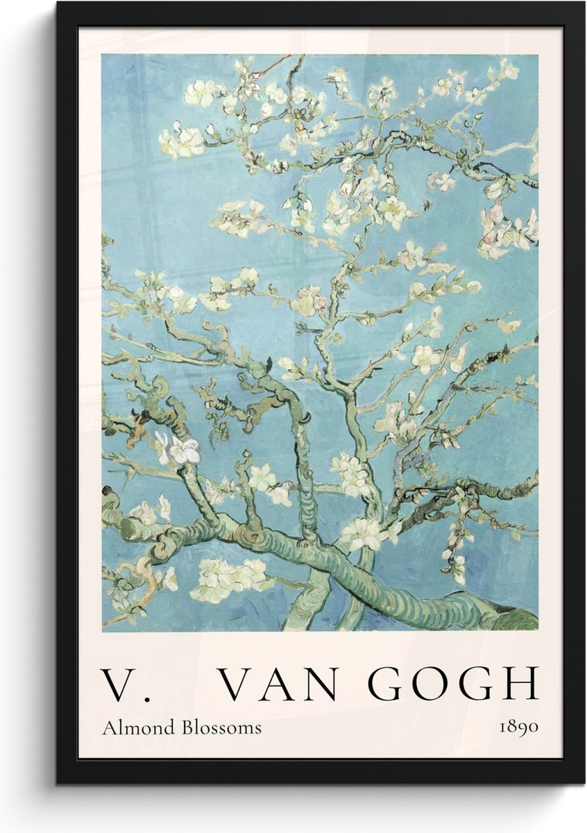 FrameYourWall Poster in lijst - Fotolijst 40x60 cm - Posters - Vincent van Gogh - Almond Blossoms - Kunst - Oude meesters - Amandelbloesem - Posterlijst zwart - Decoratie - Wanddecoratie woonkamer - Muurdecoratie slaapkamer