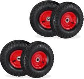 Relaxdays steekwagenwiel - set van 4 - 3.50-4 - luchtband - rubber - autoventiel - 16 mm - zwart-rood