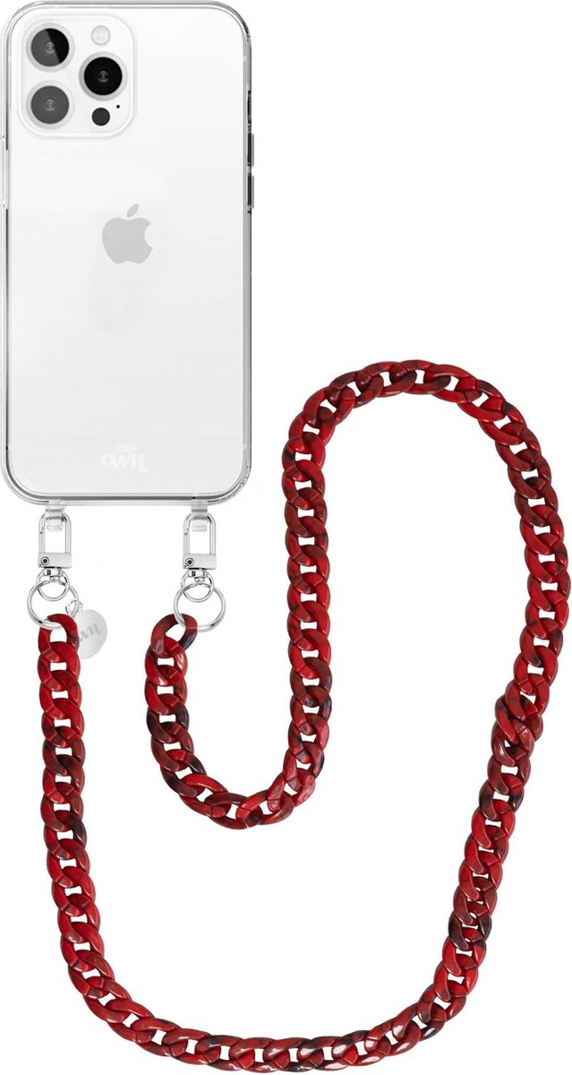 xoxo Wildhearts siliconen hoesje - Geschikt voor iPhone 12 Pro Max - Red Roses - Telefoonhoesje - Hoesje met koord - Rood koord - lang telefoonkoord - Transparant hoesje (lange variant)