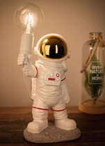 BRUBAKER Astronauten tafellamp - 40 cm ruimte bedlampje met E27-fitting en USB-C stekker - handbeschilderd ruimtevaart decoratiebeeldje - wit en goud
