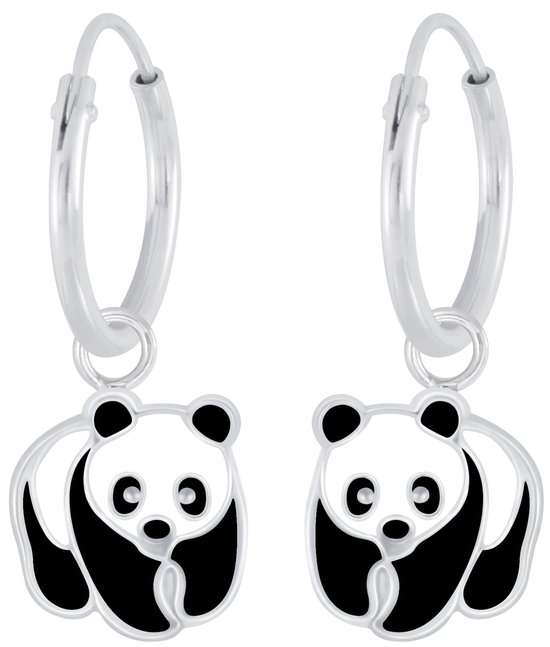 Joy|S - Zilveren Panda bedel oorbellen - oorringen - zwart wit - kinderoorbellen