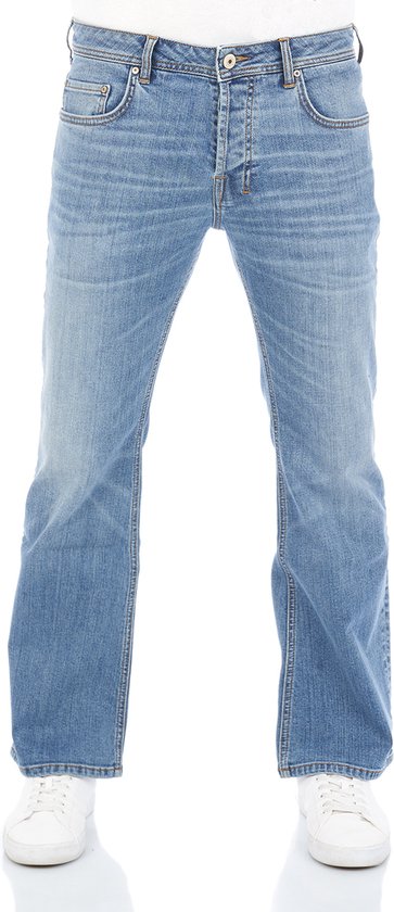 Blauwe jeans voor heren van LTB in bootcut pasvorm, met knoopsluiting en leren label.