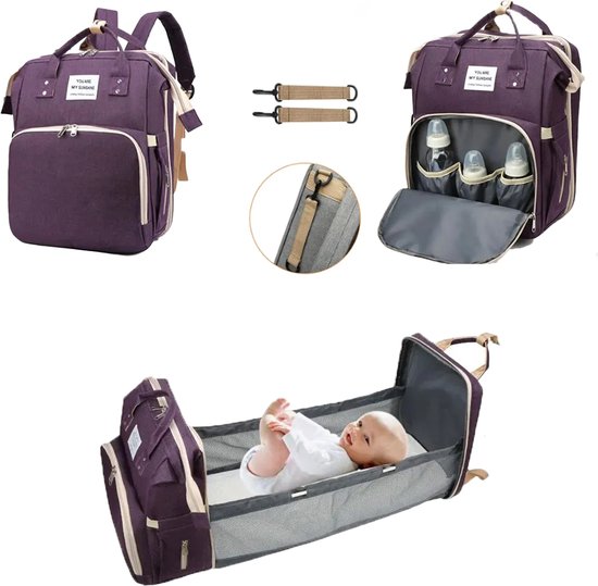 Avoir Avoir®-Trendy Mama Tas met Inklapbaar Babybed - Duurzaam Polyester - Paars- 40x30x20cm - Multifunctionele Luierrugzak voor Modieuze Moeders