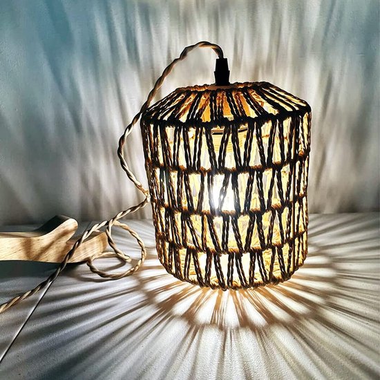 Wandlamp hout binnen, Vintage wandlamp met gevlochten rotan schaduw, E27 Retro wandverlichting met schakelaar en stekker, Landhuis, Rustiek, Voor slaapkamer, Woonkamer (Zonder gloeilamp)
