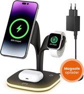 Goliving 5-in-1 Draadloos Qi Oplaadstation - Magsafe draadloze oplader - Geschikt voor iPhone, Apple Watch & Airpods - Inclusief Dimbaar Nachtlampje en USB output - 15W Snellader - Zwart