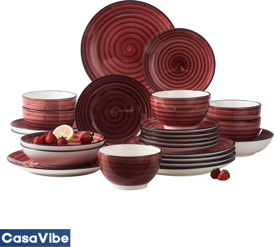 CasaVibe Luxe Bordenset - Kommen set - Borden - Dinerborden - set van 24 - 6 persoons - serviesset - Rood - Wit