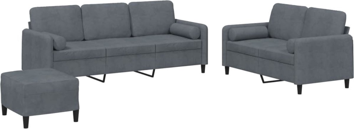 vidaXL - 3-delige - Loungeset - met - kussens - fluweel - donkergrijs