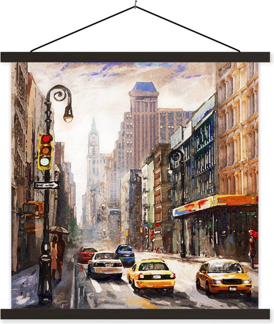 Porte-affiche avec affiche - Affiche scolaire - Peinture - Ville - Voiture - Peinture à l'huile - 40x40 cm - Lattes noires