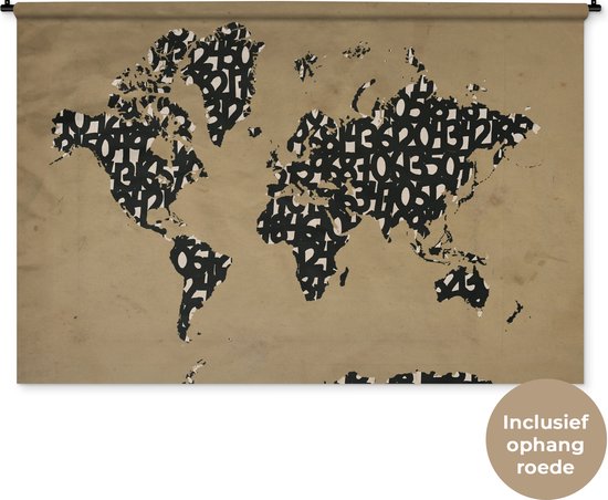 Wandkleed WereldkaartenKerst illustraties - Wereldkaart gemaakt van dikke zwarte cijfers op een bruine achtergrond Wandkleed katoen 180x120 cm - Wandtapijt met foto