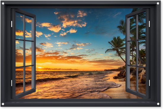 Tuinposter Doorkijk - Strand - Zee - Palmbomen - 120x80 cm - Tuindoek - Buitenposter