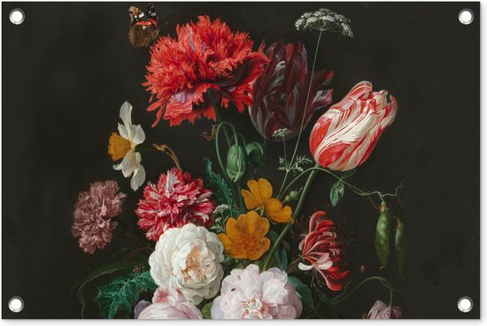 Tuindecoratie Stilleven met bloemen in een glazen vaas - Schilderij van Jan Davidsz. de Heem - 60x40 cm - Tuinposter - Tuindoek - Buitenposter