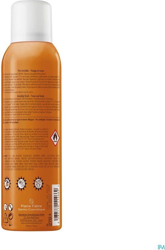 Achterkant van een oranje spuitbus met productinformatie en logo's.