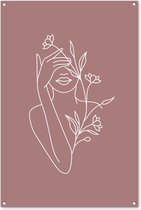 Tuinposter 80x120 cm - Tuindecoratie - Line Art - Vrouw - Bloemen - Roze - Muurdecoratie voor buiten - Schutting decoratie - Tuin accessoires - Tuindoek - Buitenposter