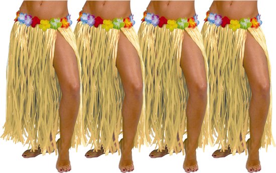 Fiestas Guirca Hawaii verkleed rokje - 4x - voor volwassenen - naturel - 75cm - hoela rok - tropisch